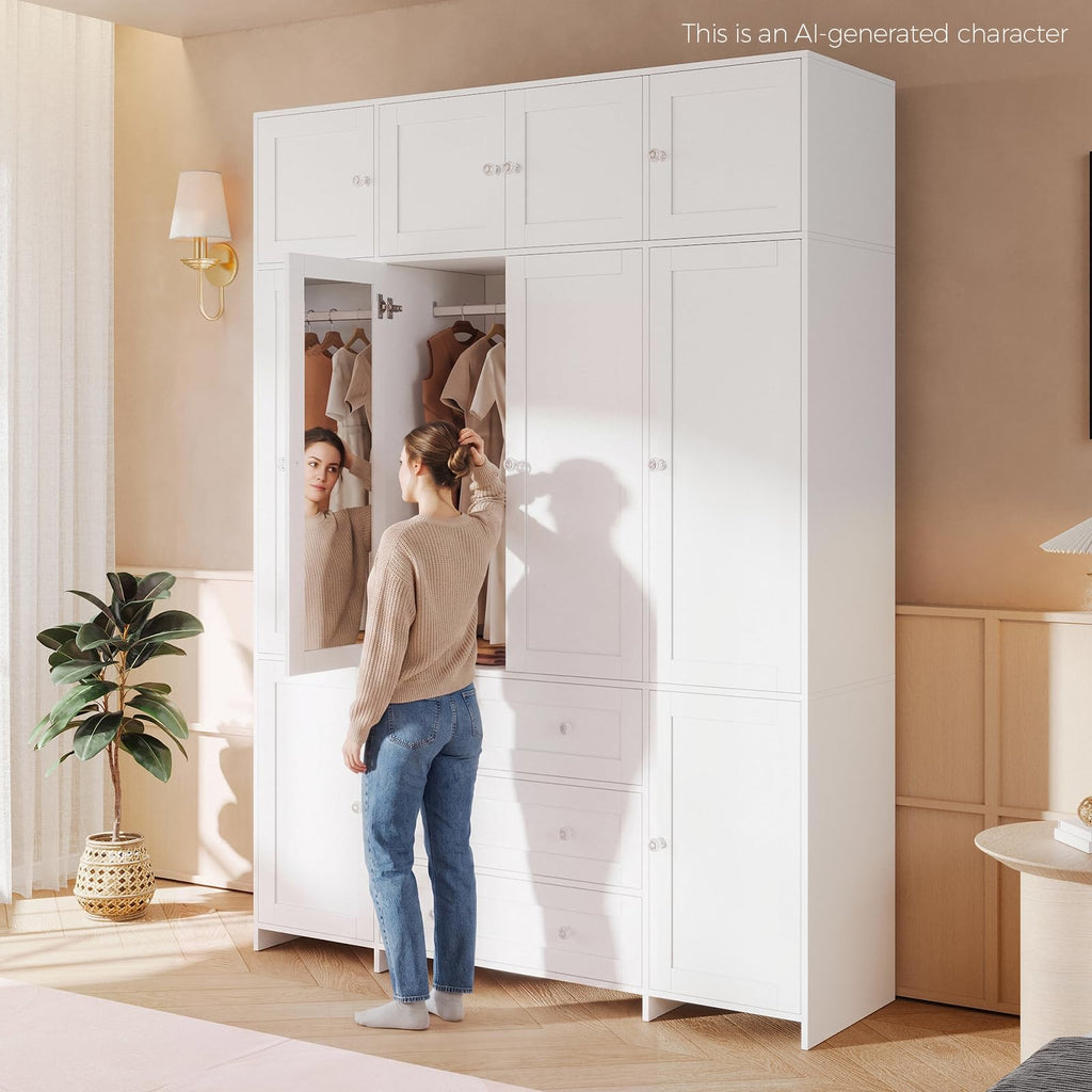 87" H Armoire Wardrobe Closet with Top Cabinets and Mirror