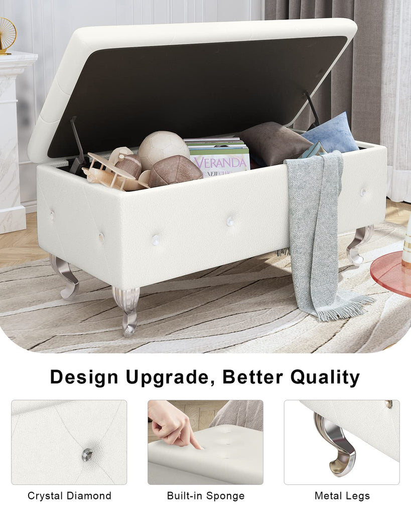 37.4 Inch Storage Ottoman Bench, Luxury Button Tufted Storage Bench with Safety Hinge, Upholstered Ottoman Footrest