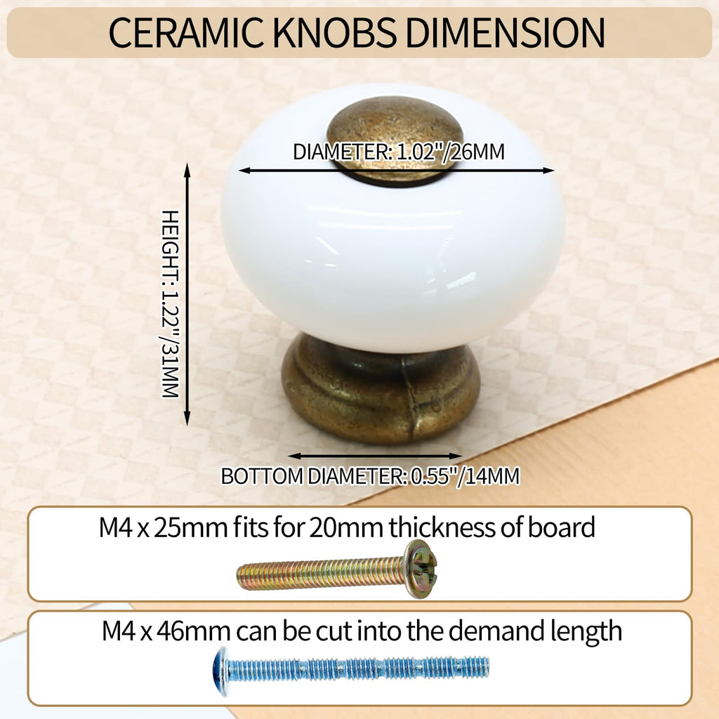 6pcs White Ceramic Cabinet Knobs, Small Round Drawer Knobs