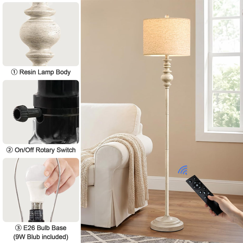 64.25" Farmhouse Floor Lamp with Remote, Dimmable Floor Lamp with Adjustable Color Temperatures, Tall White Standing