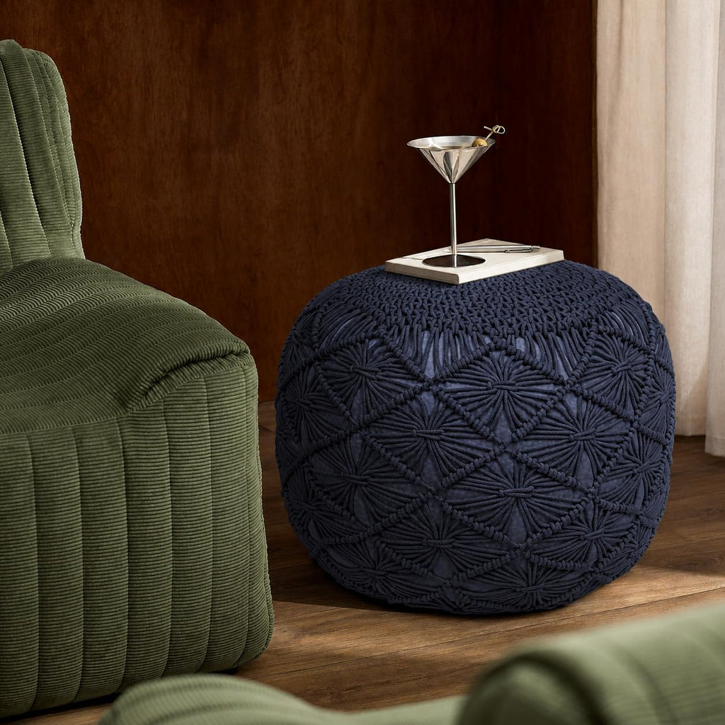 Macrame Pouf Ottoman 20x20x14 Blue Handwoven Dori Footrest Stool