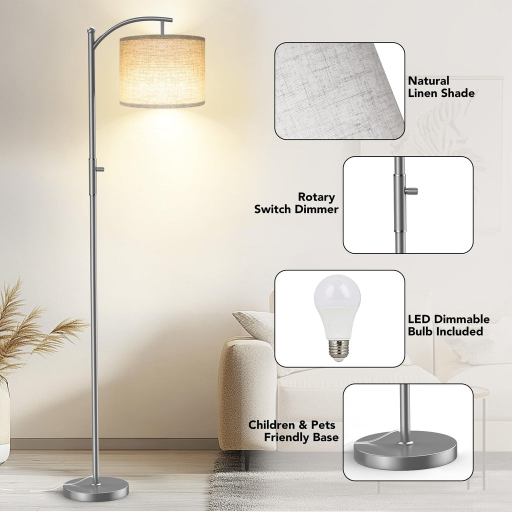 Dimmable Floor Lamp, Arc Floor Lamps, Stepless Dimming Modern Standing Lamp with Linen Shade, Tall Lamp Office