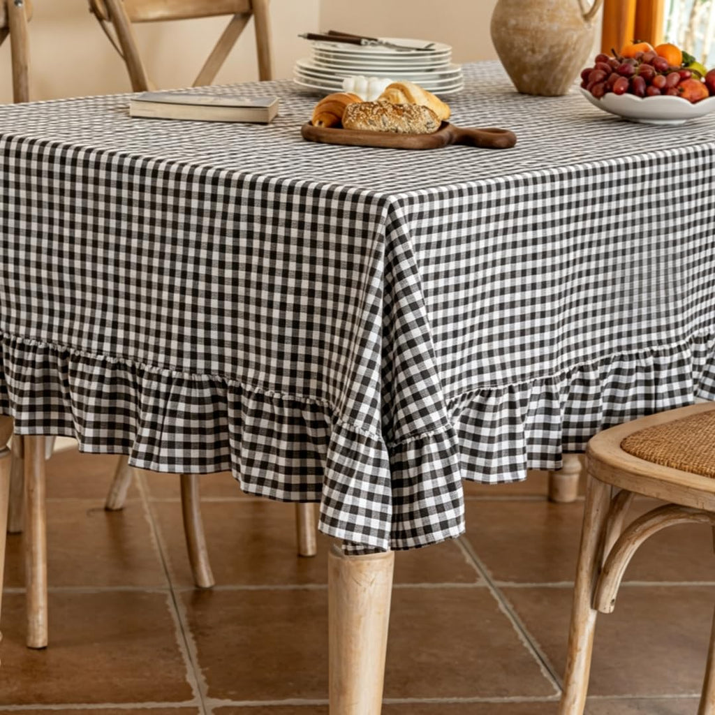 Black White Buffalo Plaid Rectangle Tablecloth with Ruffle Edge, Farmhouse Linen Blend Decorative Table Cover