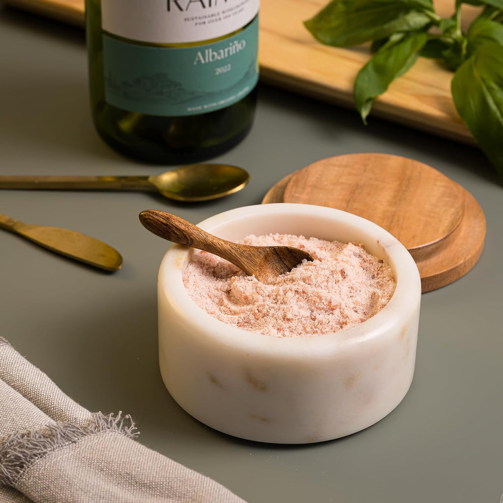 Marble Salt Cellar with Acacia Wood Lid and Spoon, White