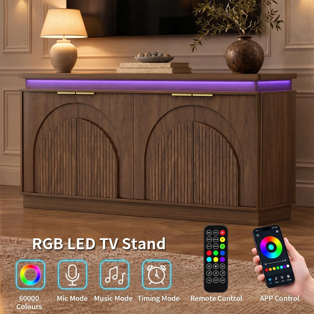 65.7" Sideboard Buffet Cabinet with Arched Fluted Doors, LED Lights