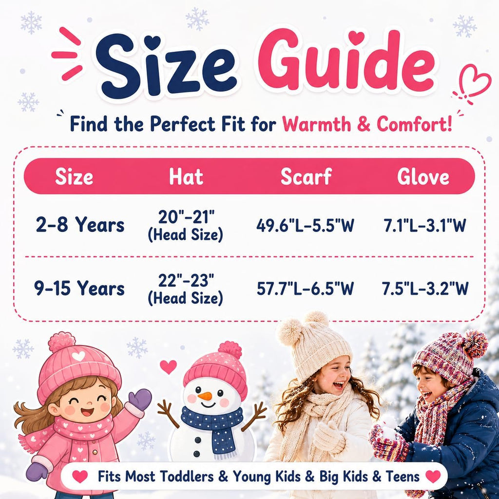 Kids Winter Hat Gloves Scarf Set, Double Pom Beanie Warmer Mittens Fleece Lined Piece Set for Boys Girls