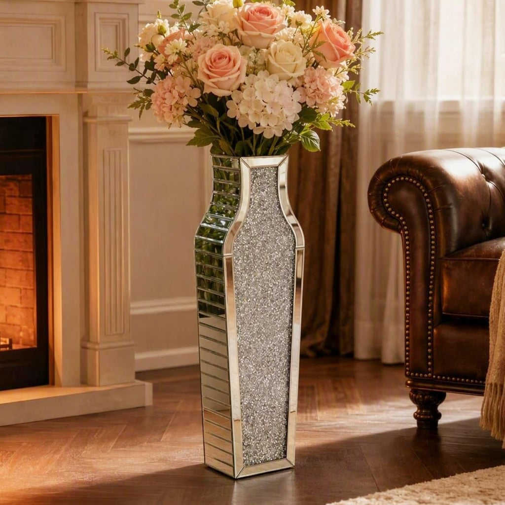 30" Large Double Sided Crushed Diamond Vases,Tall Silver Mirrored Vase for Floor,Big Crystal MirrorDecorative Vase
