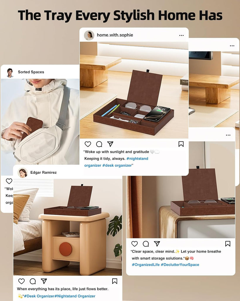 Leather Valet Tray with Wireless Charging Pad - Luxury EDC Nightstand Organizer for Men - Premium Desk Tray
