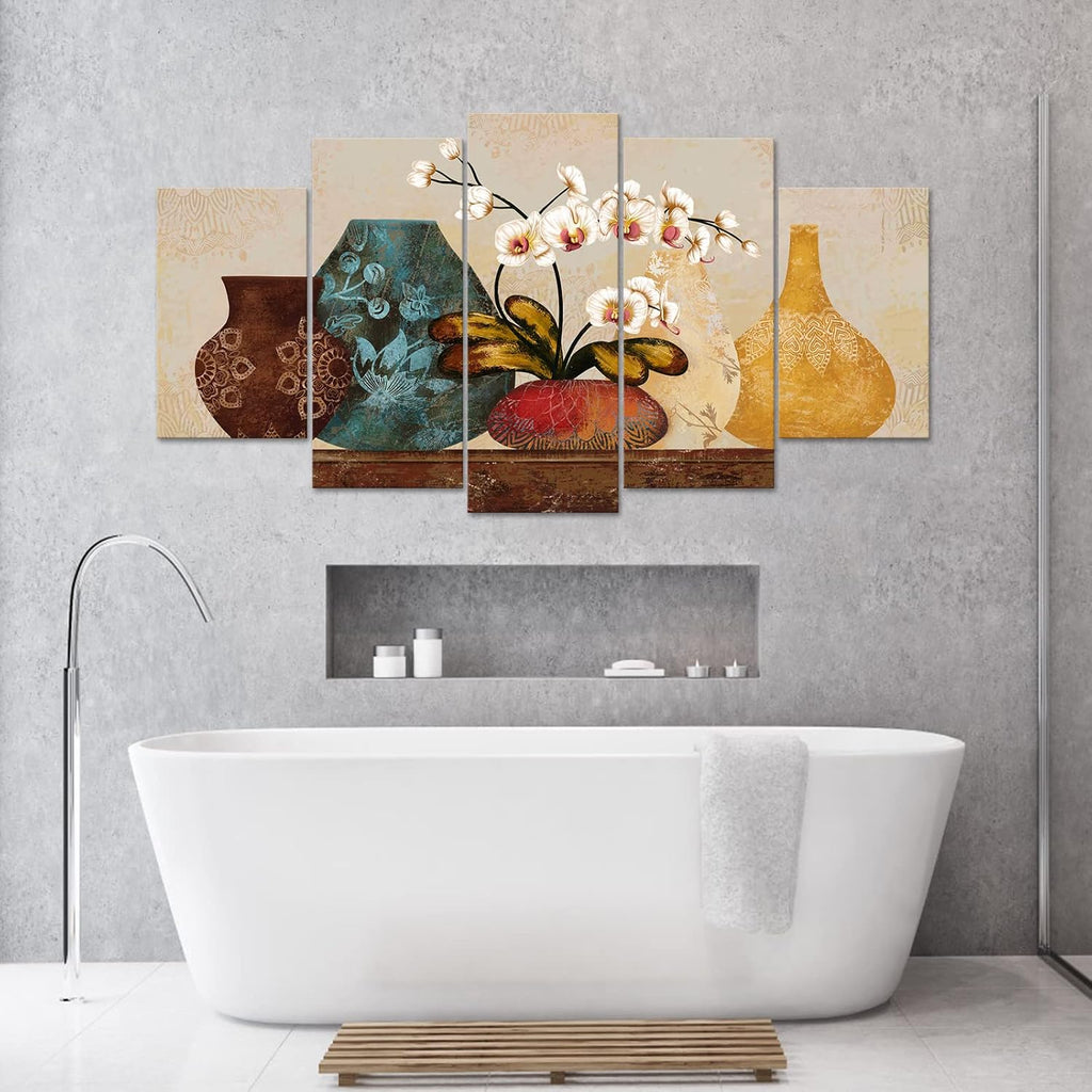 5 Piece Orchid Wall Art Canvas Vintage Flower in Retro Vase Picture Artwork Farmhouse Still Life Painting Prints