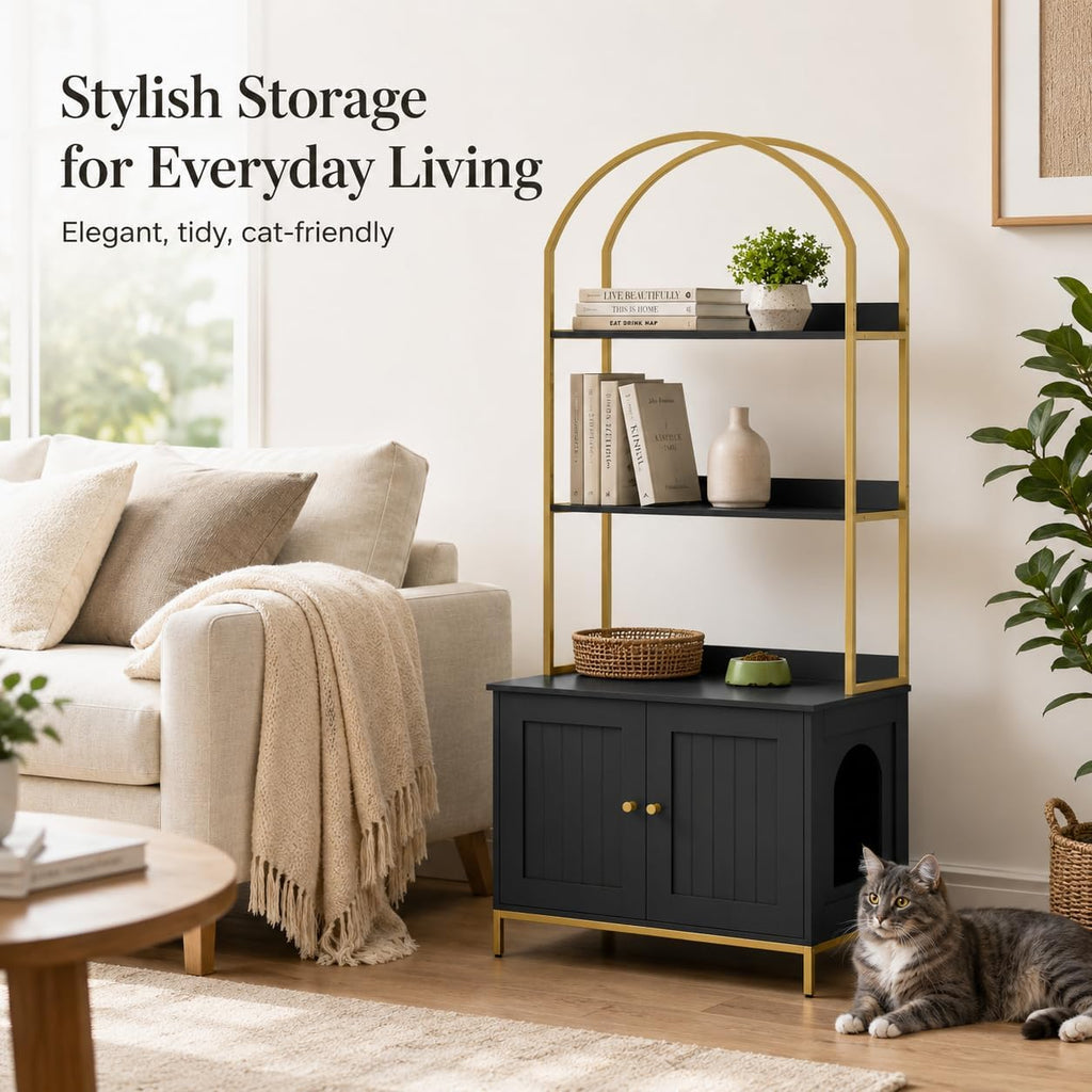 Cat Litter Box Enclosure with 2-Tier Shelves, Black and Gold