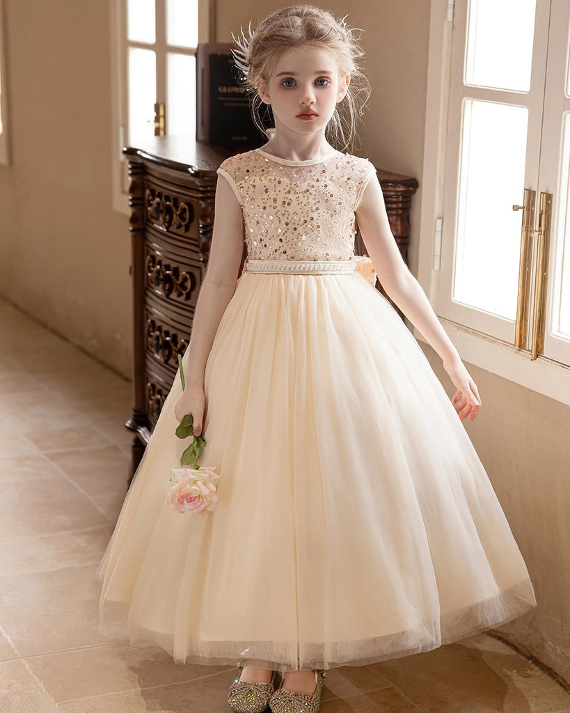 Sequin Tulle Dress Formal Pageant Sparkly Birthday Party Wedding Guest Ball Gown Dresses with Bow