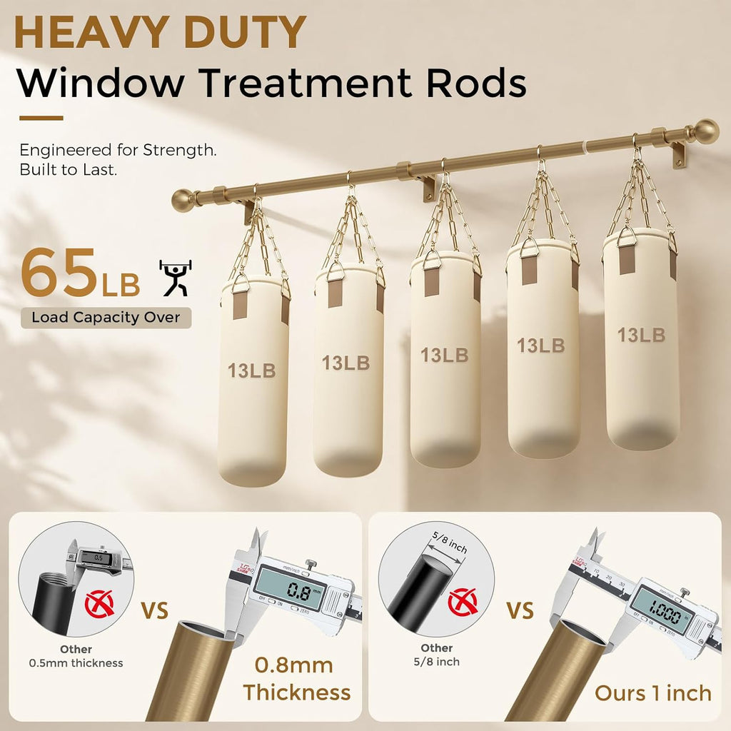 Brass Gold Curtain Rod 34-152 Inch, Brushed Warm Gold Extra Long Antique Bronze Window Treatment Rods, 1 Inch