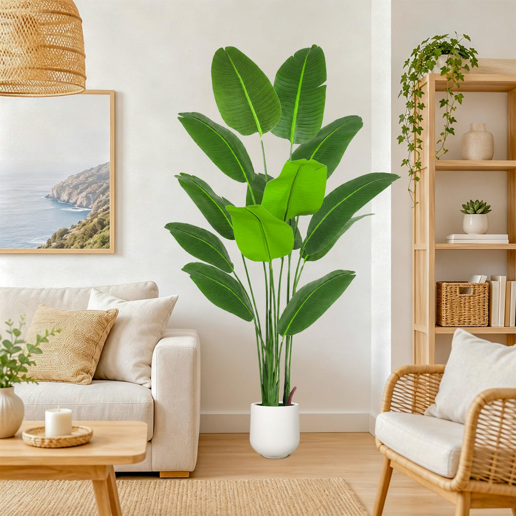 Bird of Paradise Artificial Plant with White Planter, 6FT Tall Large Fake Green Plants with 13 Trunks, Faux Plant