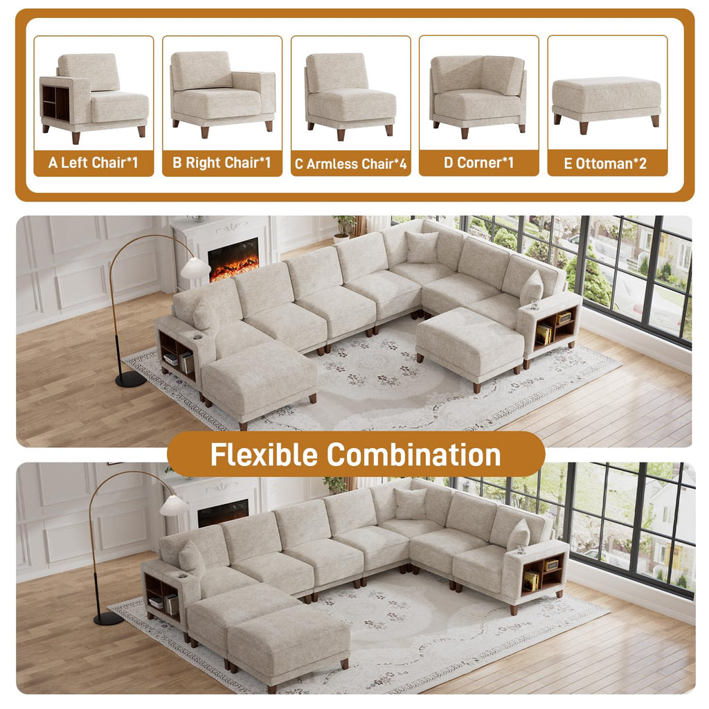 Oversized Modular Sectional Sofa, 9-Seat Deep Seat Sofa with Ottoman, USB Ports, Hidden Cup Holders, Side Storage