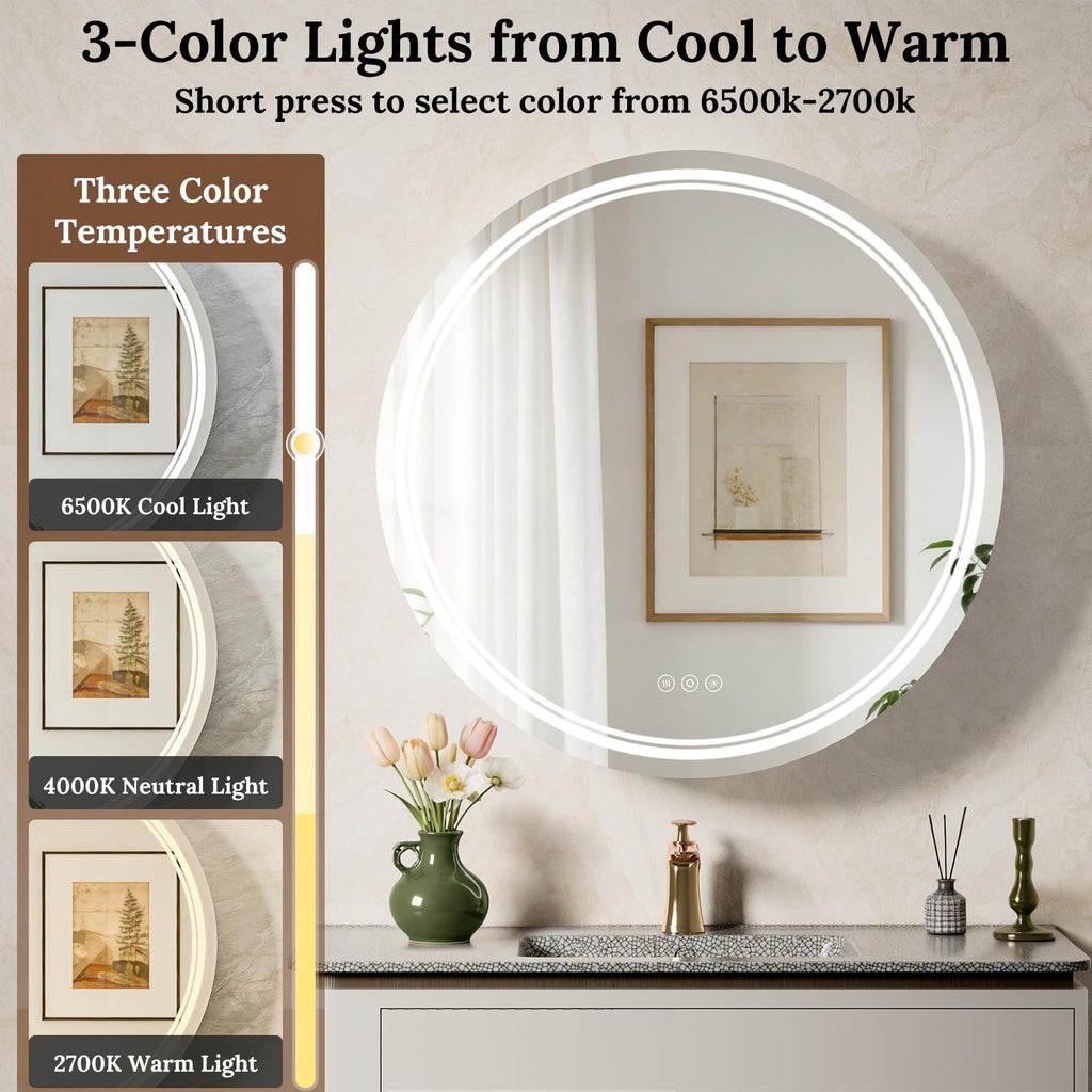 30 Inch Round Lighted Medicine Cabinet with Mirror, Black LED Medicine Cabinet with 3-Color Lights