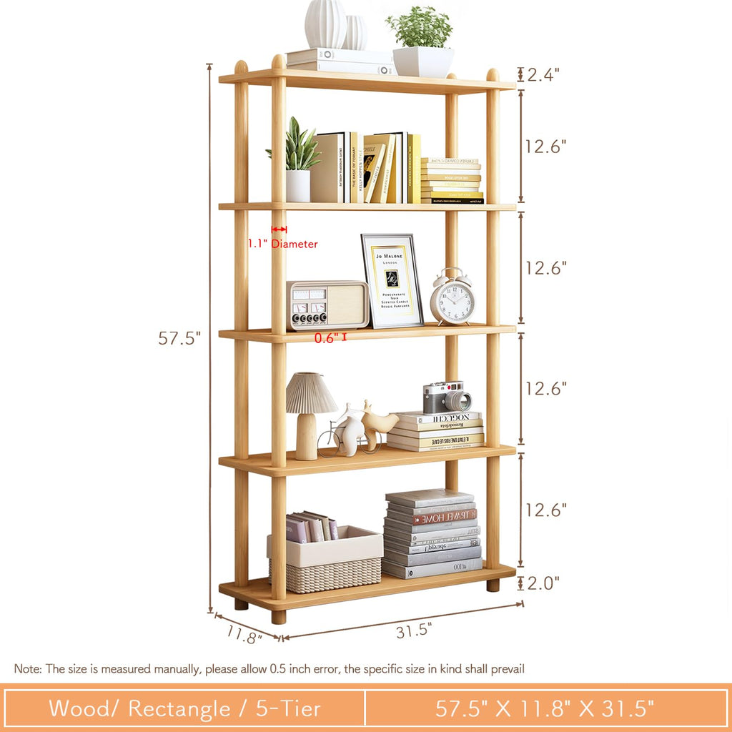 5-Tier Wooden Shelf Bookcase, Freestanding Open Bookshelf, Oak