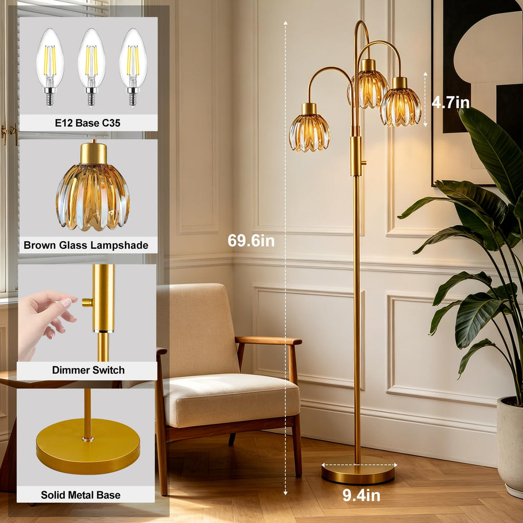 Amber Lotus Glass Floor Lamp 3-Light 70" Gold Dimmable Tall Standing Lamp