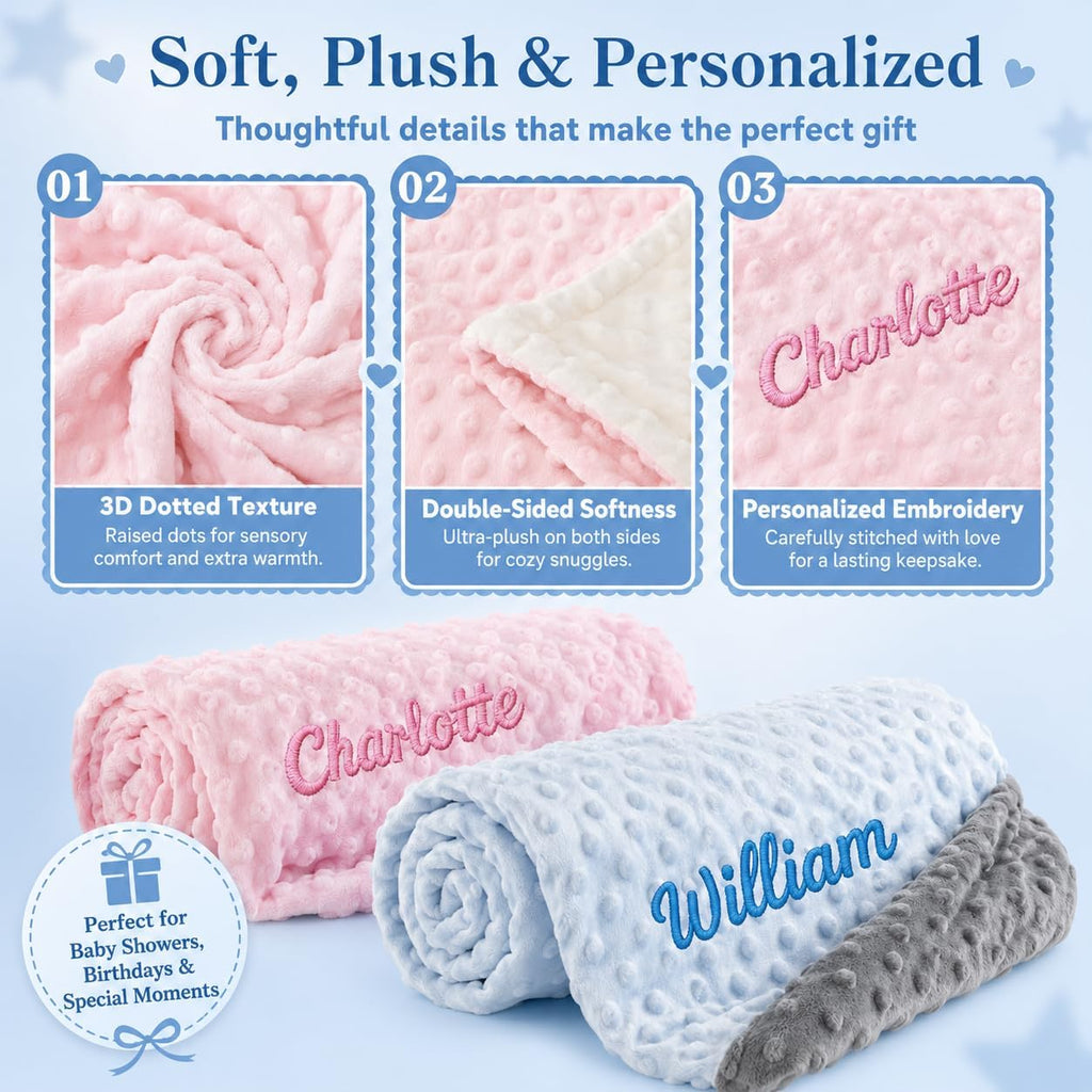 Blanket with Optional Plush Teddy Bear Gift Set, Custom Baby Blankets with Embroidered Name, Double Layer Dot Swaddle