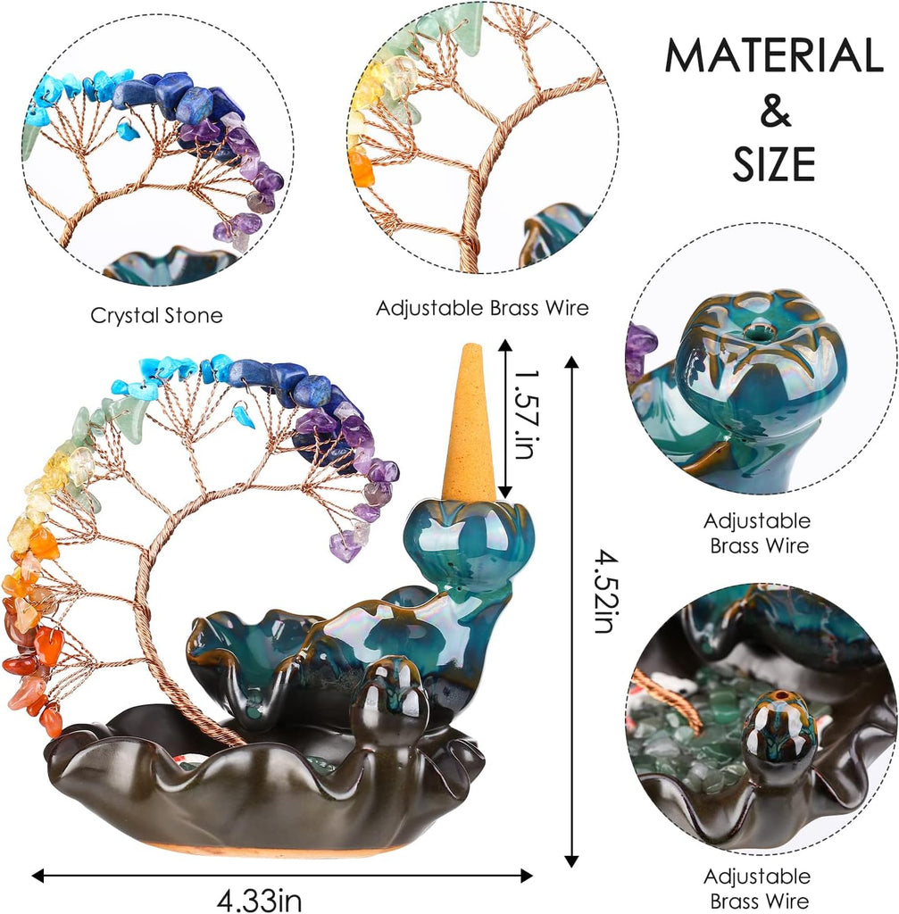 Backflow Incense Burner Ceramic Incense Waterfall 7 Chakras Crystal Tree Incense Holder Namaste Yoga Meditation