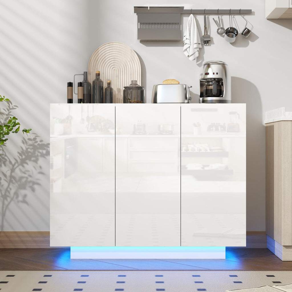 Modern 39.4" High Gloss Buffet Cabinet with LED Lights, White