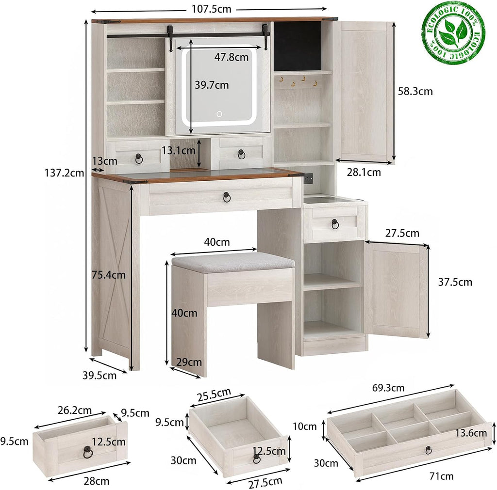 Farmhouse Makeup Vanity Desk with Sliding Mirror and Lights, 42 Wood Vanity Table Set with Glass Top, Power Outlets