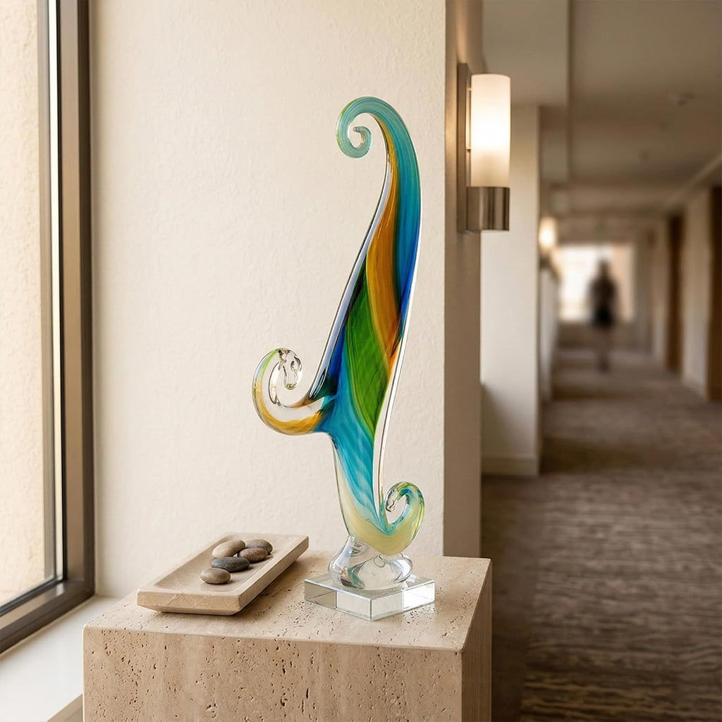 16.9in Tall Glass Wave Sculpture Hand Blown Art Figurine Abstract Twist Statue Decor Living Room Shelf Mantel