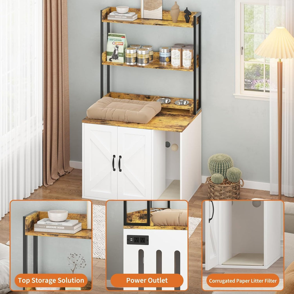 53" H Cat Litter Box Enclosure, Hidden Cabinet w/Storage & Charging, White