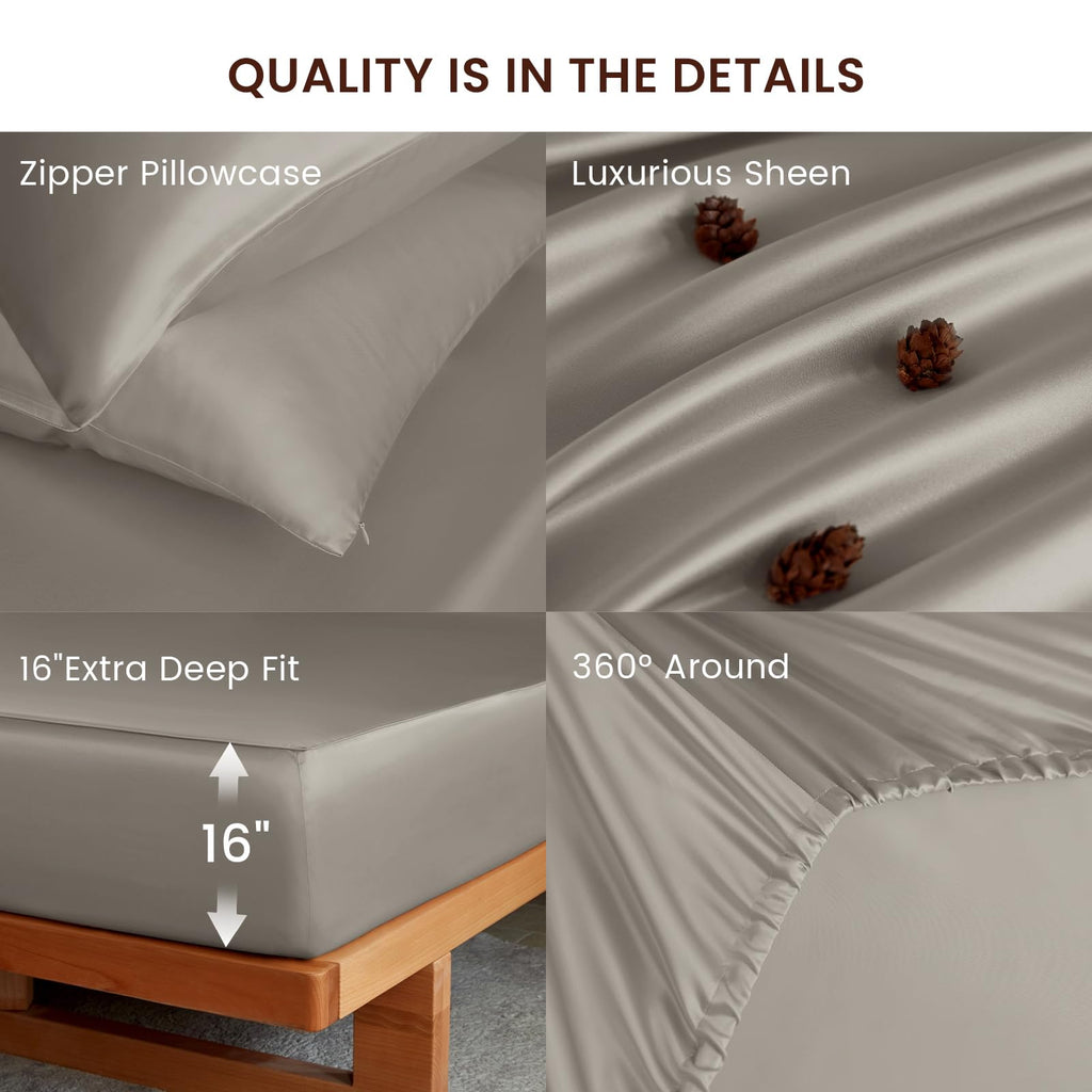 Luxury Mulberry Silk Fitted Sheet Set 3 Pcs, Silk Bed Sheet Set with 16" Deep Pockets, Soft & Cooling Sheets, 1