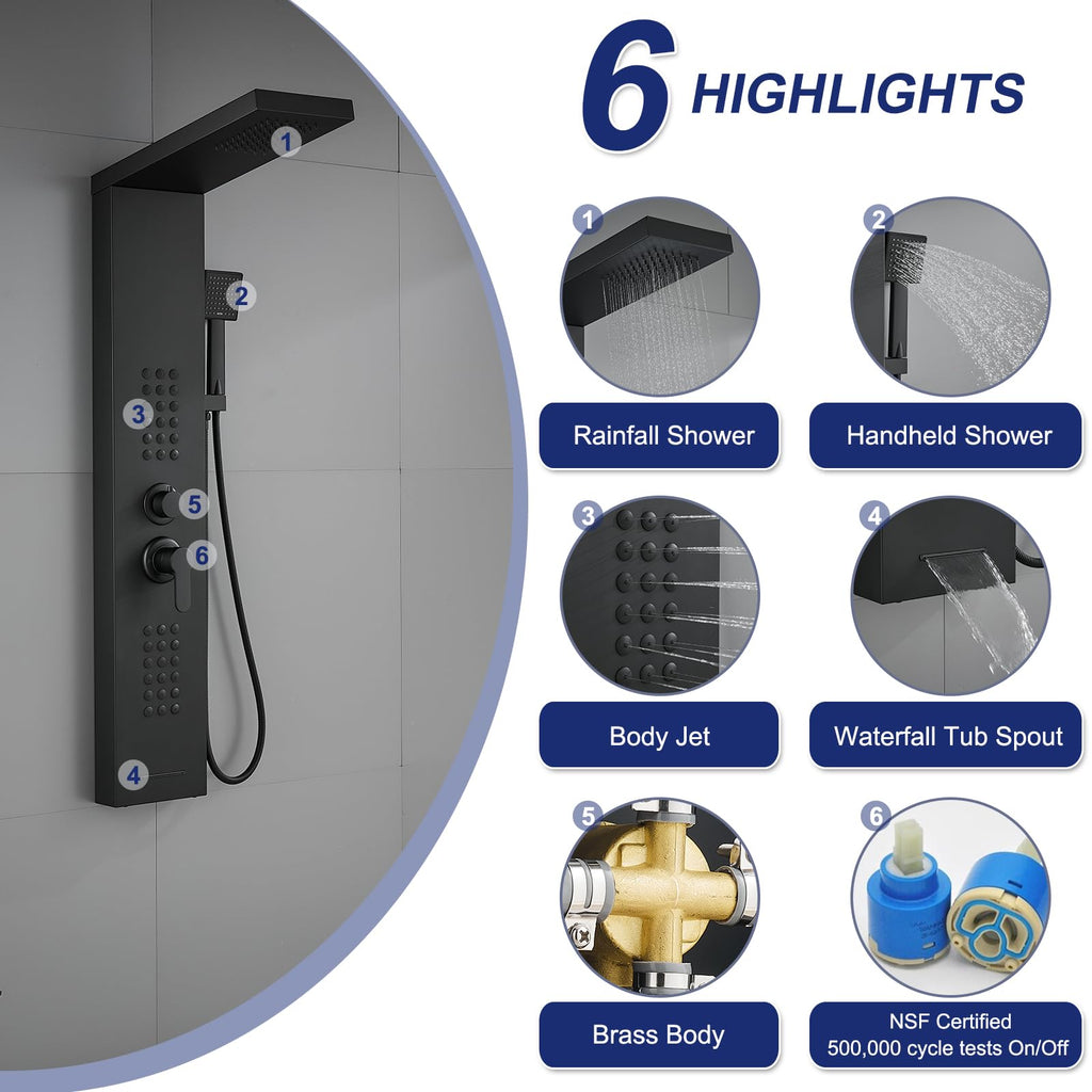 4 in 1 Shower Panel Tower with Powerful Body Jets, Matte Black