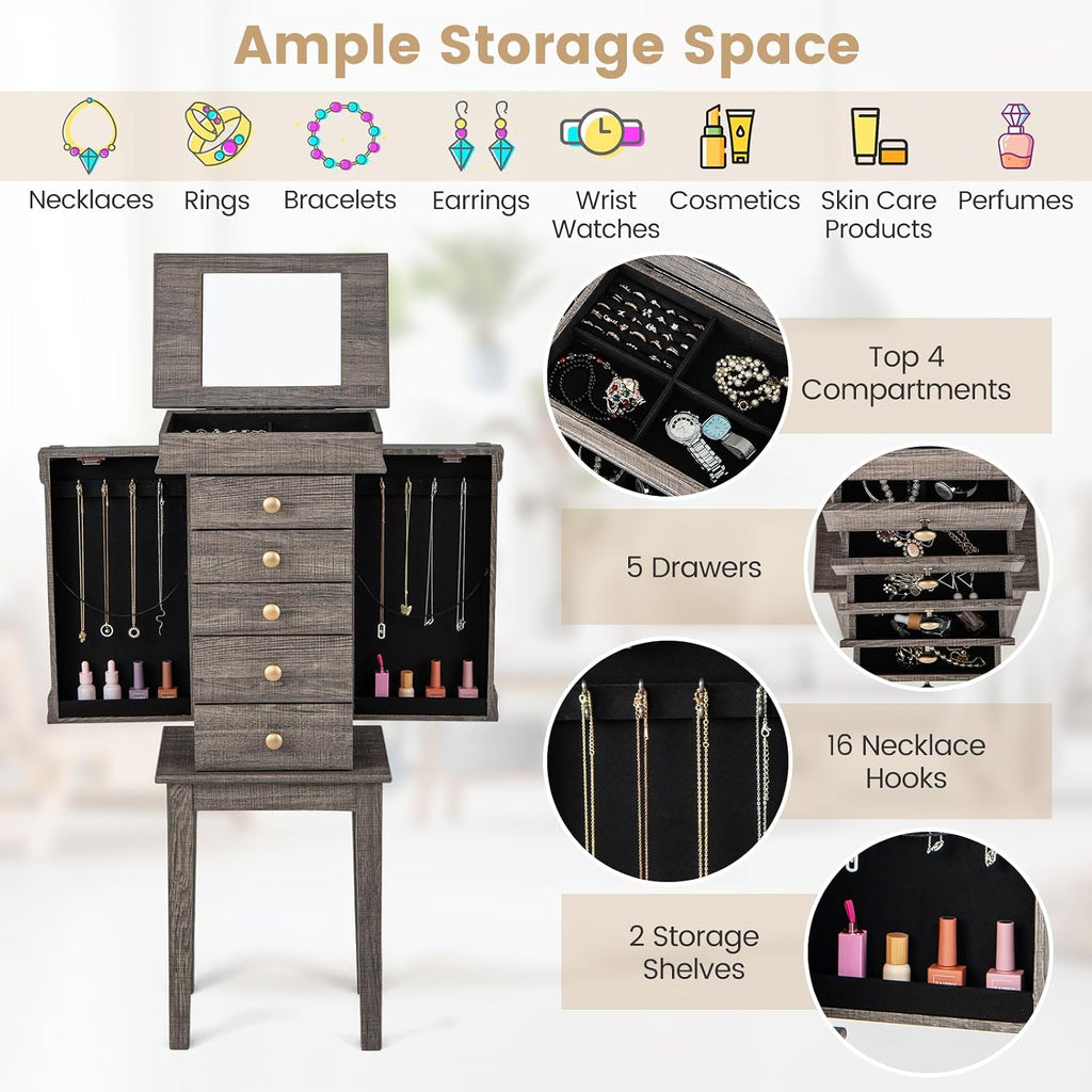 Jewelry Armoire Cabinet, Wooden Jewelry Chest Organizer with Flip Top Makeup Mirror, 5 Drawers, 2 Side Doors, 8