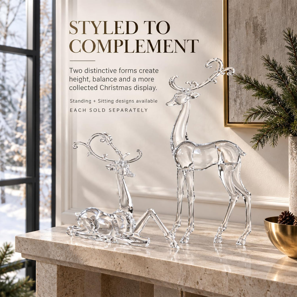 11.4" Tall Large Reindeer Christmas Decoration, Acrylic Clear Deer Figurine with Glass-Like Crystal Finish, High End