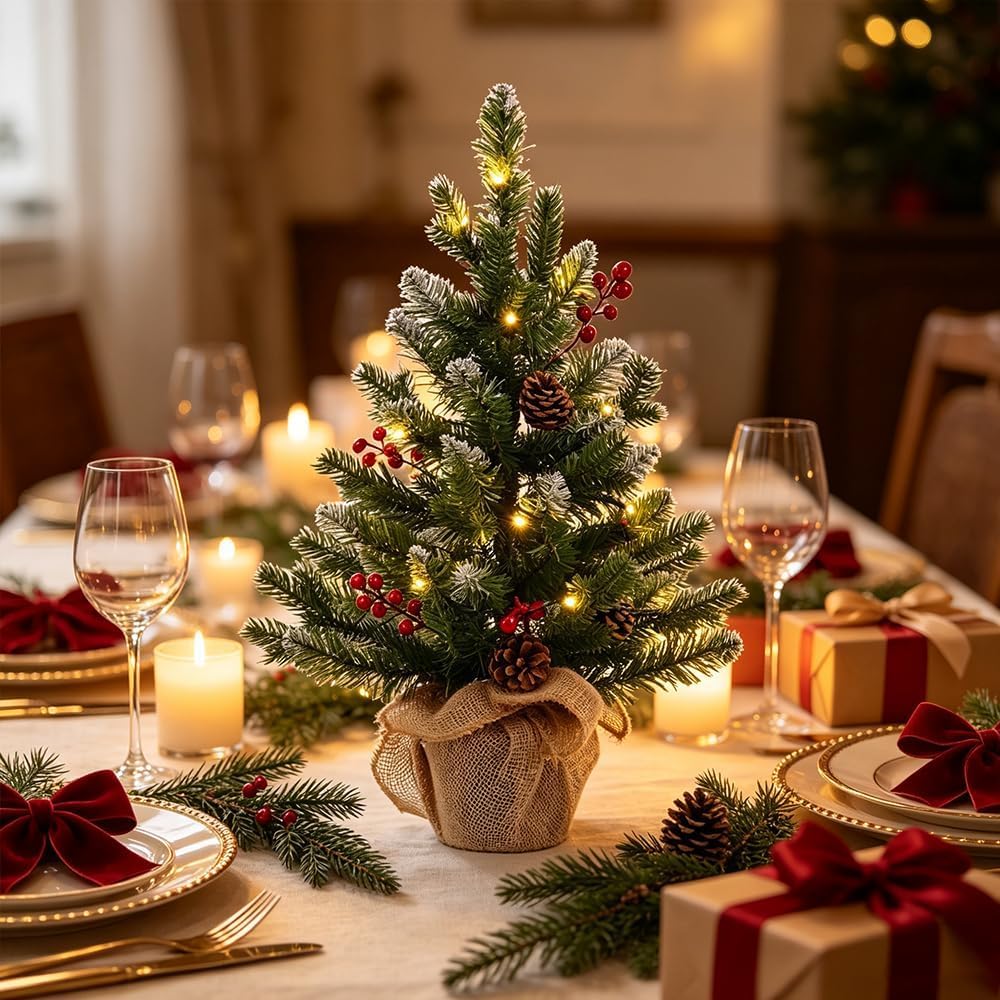 2 FT Mini Christmas Tree, 24" PE Prelit Small Artificial Tabletop Snow Flocked Christmas Trees Decor with 20 Lights