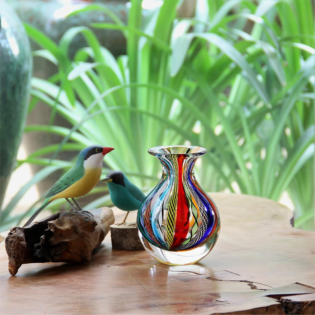 Murano Style Glass Vase Hand Blown Colored Canes Boho Effect Home Decor | Hand Blown Glass Vase, Decorative Table