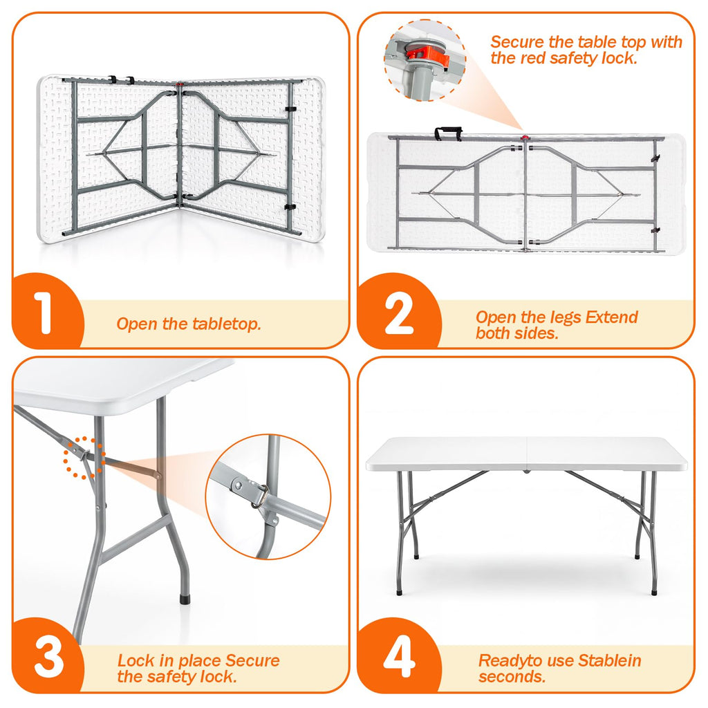 6FT Portable Folding Table, White Square Card Table with Carrying Handle & No Assembly, Slim Folding Table Built in