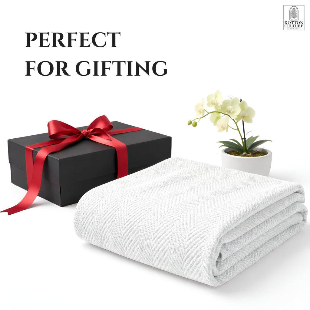 Luxury Cotton Blanket for Queen Size - Breathable Herringbone Blanket, All Season Bed Layering, 350 GSM Cozy Soft