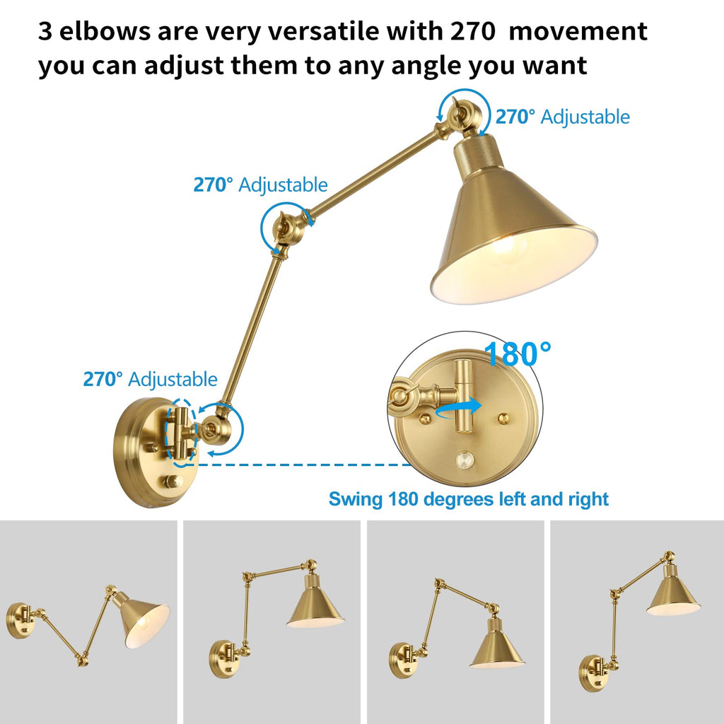 Wall Sconce Plug in, Brushed Brass Dimmable Wall Sconce Swing Arm Wall Lights Plug in Wall Mounted Light with 6FT