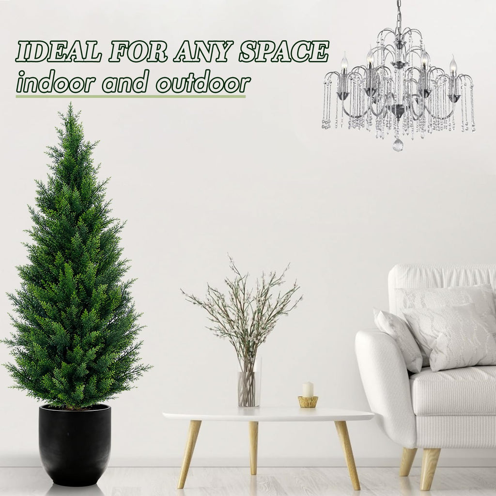 4Ft Artificial Cedar Topiary Trees (2-Pack) - UV Resistant Fake Shrubs with Ground Spike for Outdoor & Indoor Use
