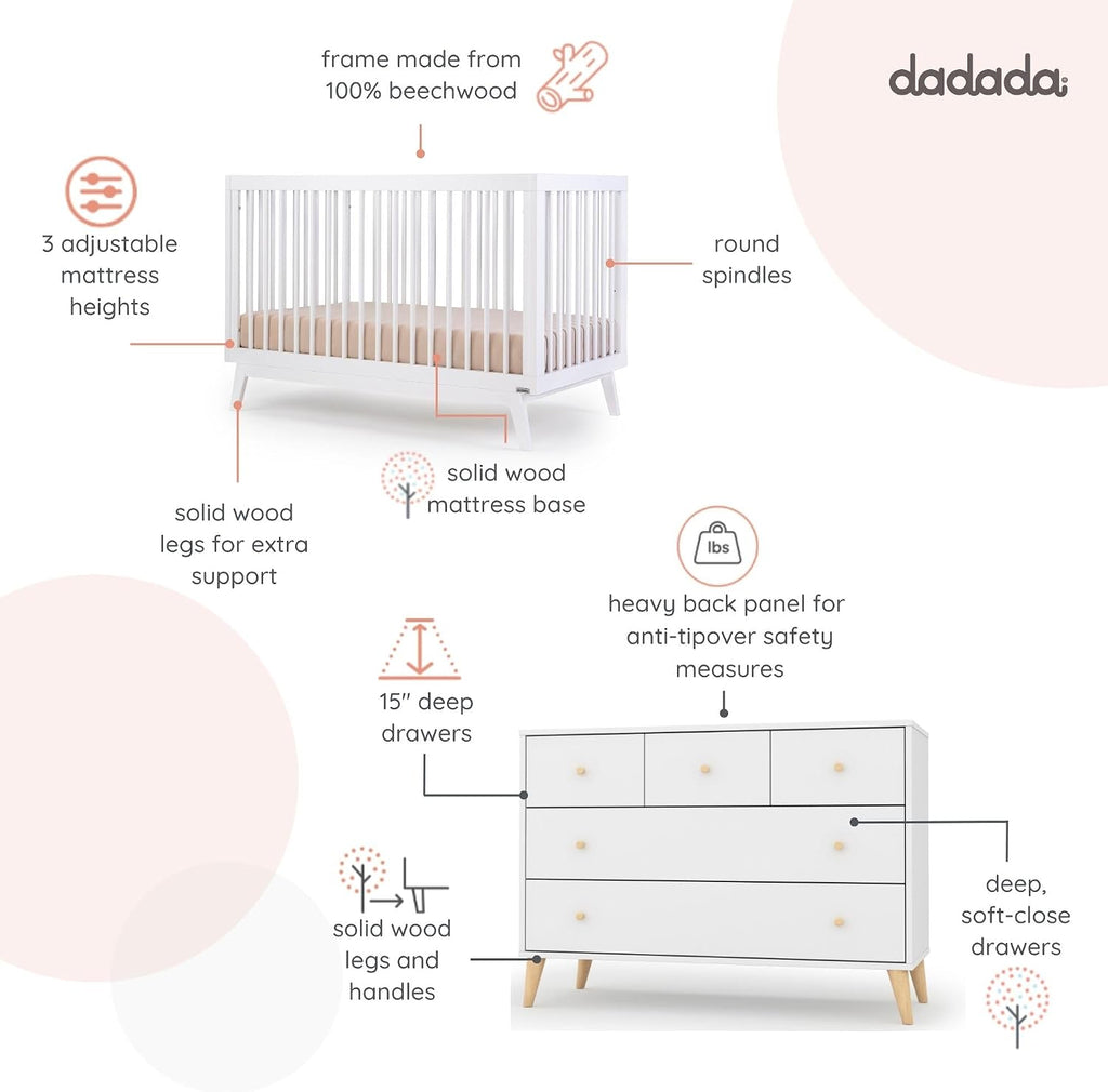 Harmony Wood Baby Crib & Dresser Set, Nursery Furniture Combo, White | Soho 3-in-1 Convertible, Beechwood, Made in