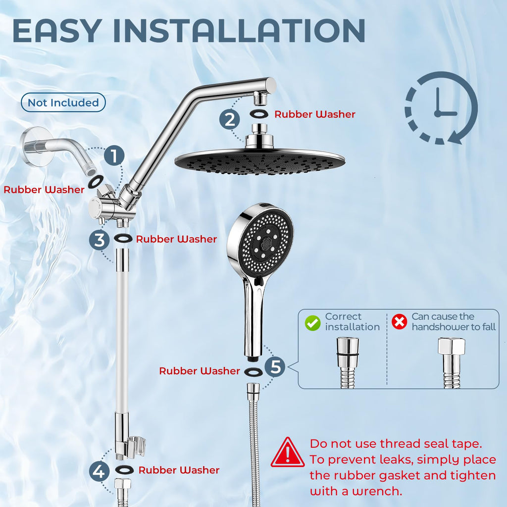 Dual Shower Head with Handheld High Pressure Chrome, Adjustable Bar