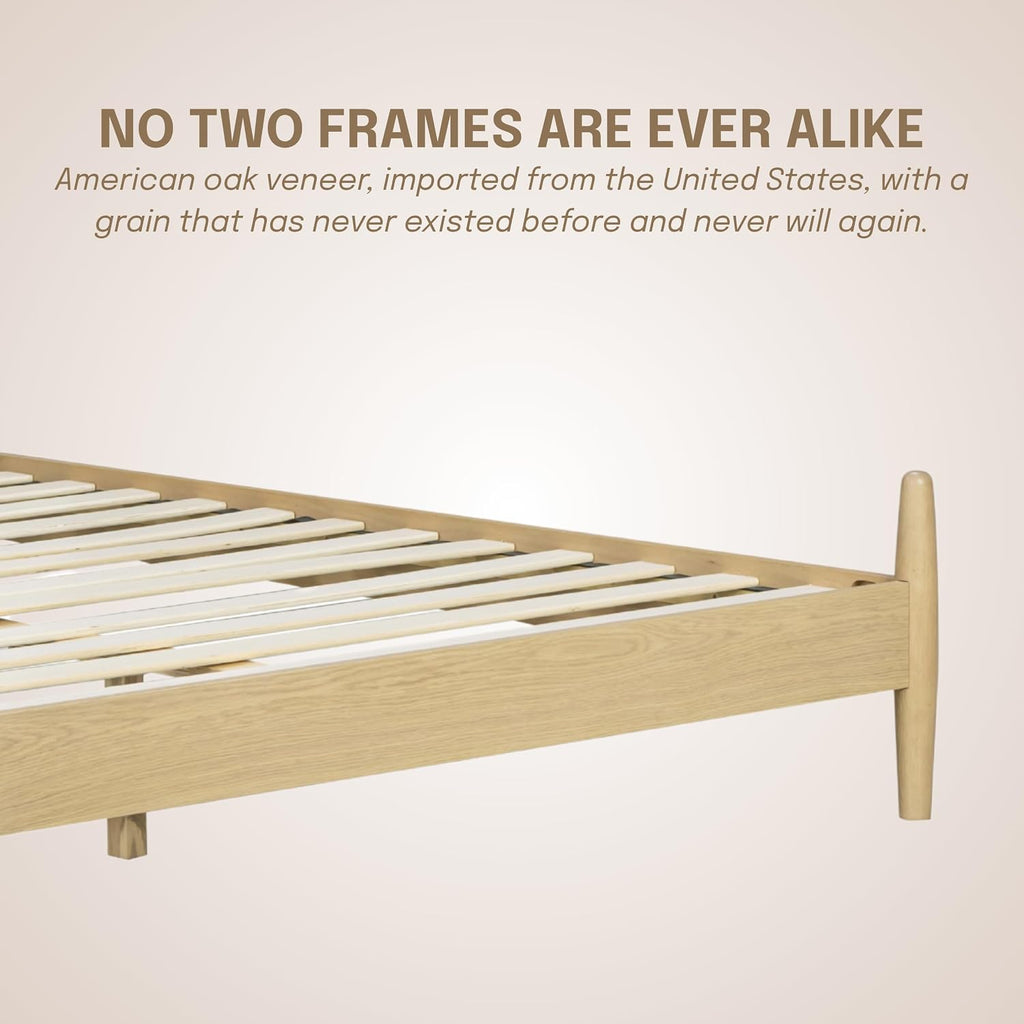 Marenzo Queen Platform Bed with Handwoven Headboard - American Oak Veneer, Solid Oak Legs, Artisan Craftsmanship