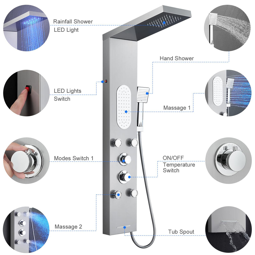 5-Function LED Shower Panel Tower System 4 Jets Stainless Steel