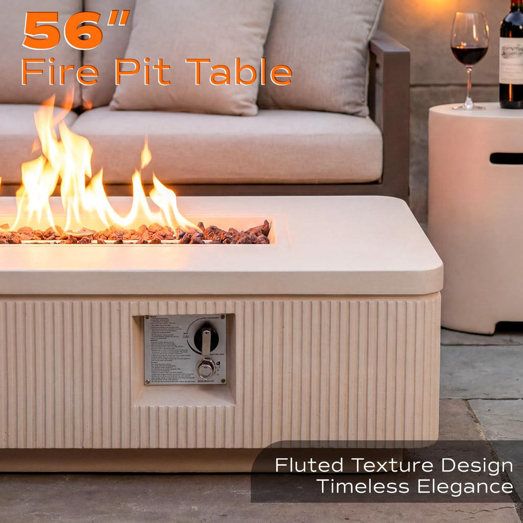 56" Propane Fire Pit Table - Outdoor Natural Gas Fire Pit for Outside Patio, Concrete Rectangle Firepit with
