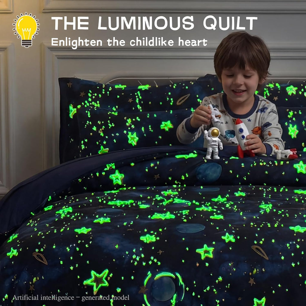 Kids Comforter Sets Full for Boys, Glow in The Dark Blue Starry Sky Space Bedding Set 4 Pieces - Boy Soft Bed Set
