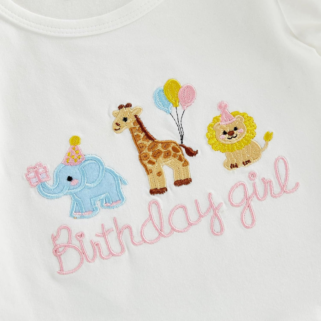 Girl Birthday Outfit Birthday Girl Animal Embroidery T-shirt Ruffle Plaid Shorts Cake Smash Outfit 1