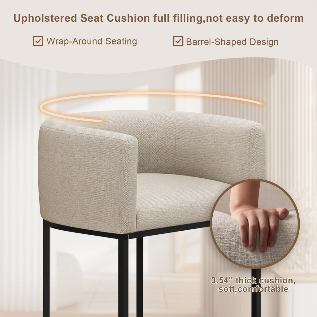 26" H Counter Height Bar Stools Set of 2, Modern Barrel Counter Stools with Backrest and Arms, Linen Fabric