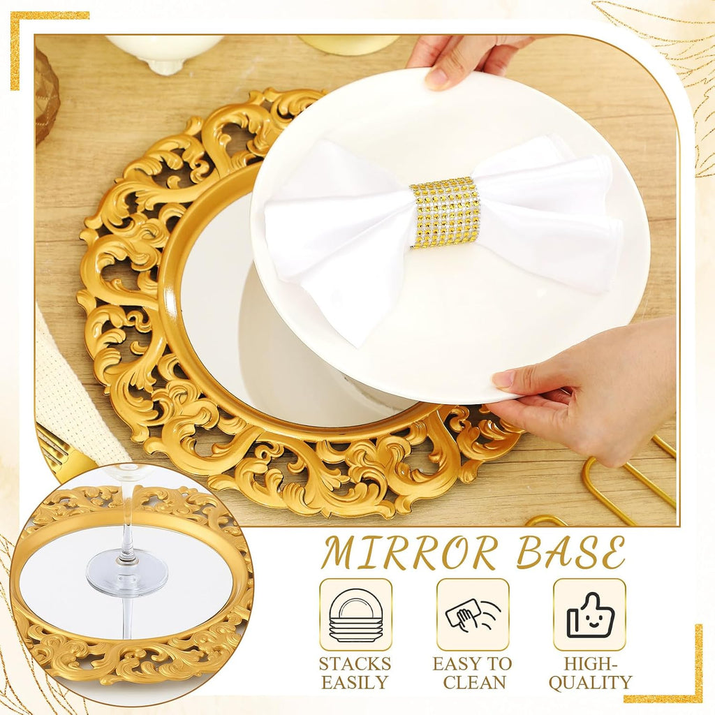 13" Mirror Charger Plate Baroque Dinner Charger, Gold - Set of 12