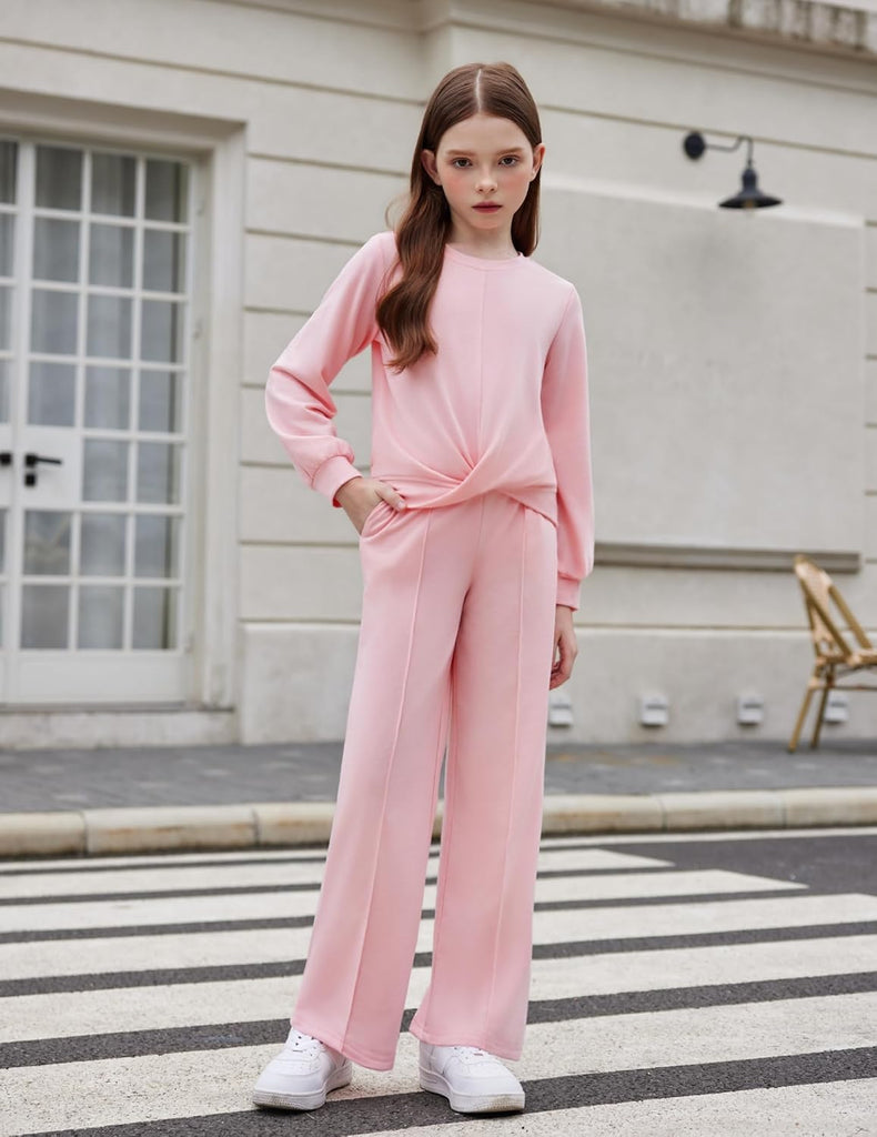 Girls 2 Piece Outfits Twist Front Sweatshirt Wide Leg Sweatpants