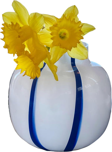 Coastal Blue and White Round Vase, Pomegranate Shape, Stripes, Glass, 7 Inches, Murano Style
