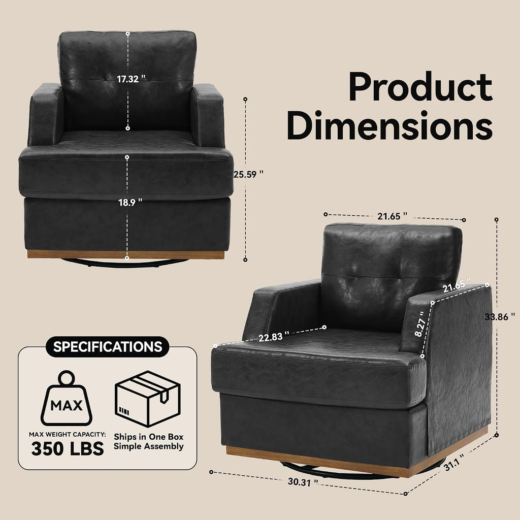 Swivel Accent Chair, 360° Rotatable Square Barrel Chair, Comfy Deep Seat Leather Upholstered Living Room Chairs