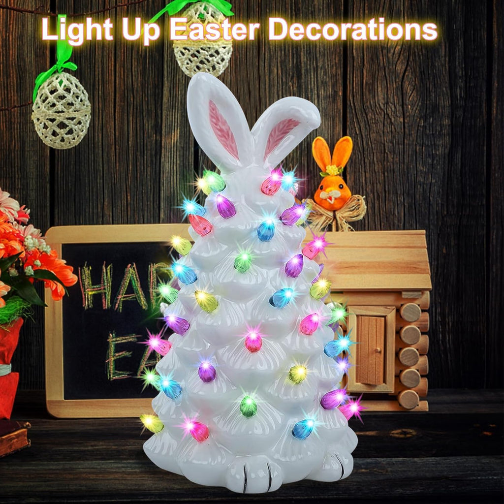Lighted Easter Bunny Decorations, Ceramic Bunny Tree Figurine Night Lights, 10" Easter Gifts Cute Ornaments Table